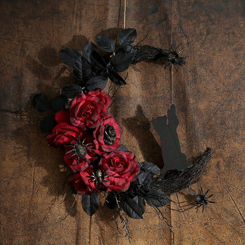 2024 Halloween Design Halloween Wreath Black Leaf With Roses Flowers Home Front Door Hanging Half Wreath For Halloween Decoration
