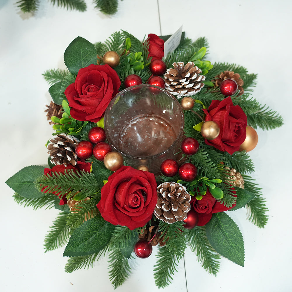 Original Design Christmas Decor Silk Rose Christmas Candle Ring Pine Cone Plant Candle Ring For Christmas Decoration Supplies