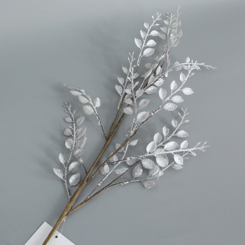 Christmas Glitter Leaves Picks Artificial Fern Leaves Branches Stem 3 Heads Long Painted Floral Leaves Pick Branches for Home Wedding Decoration
