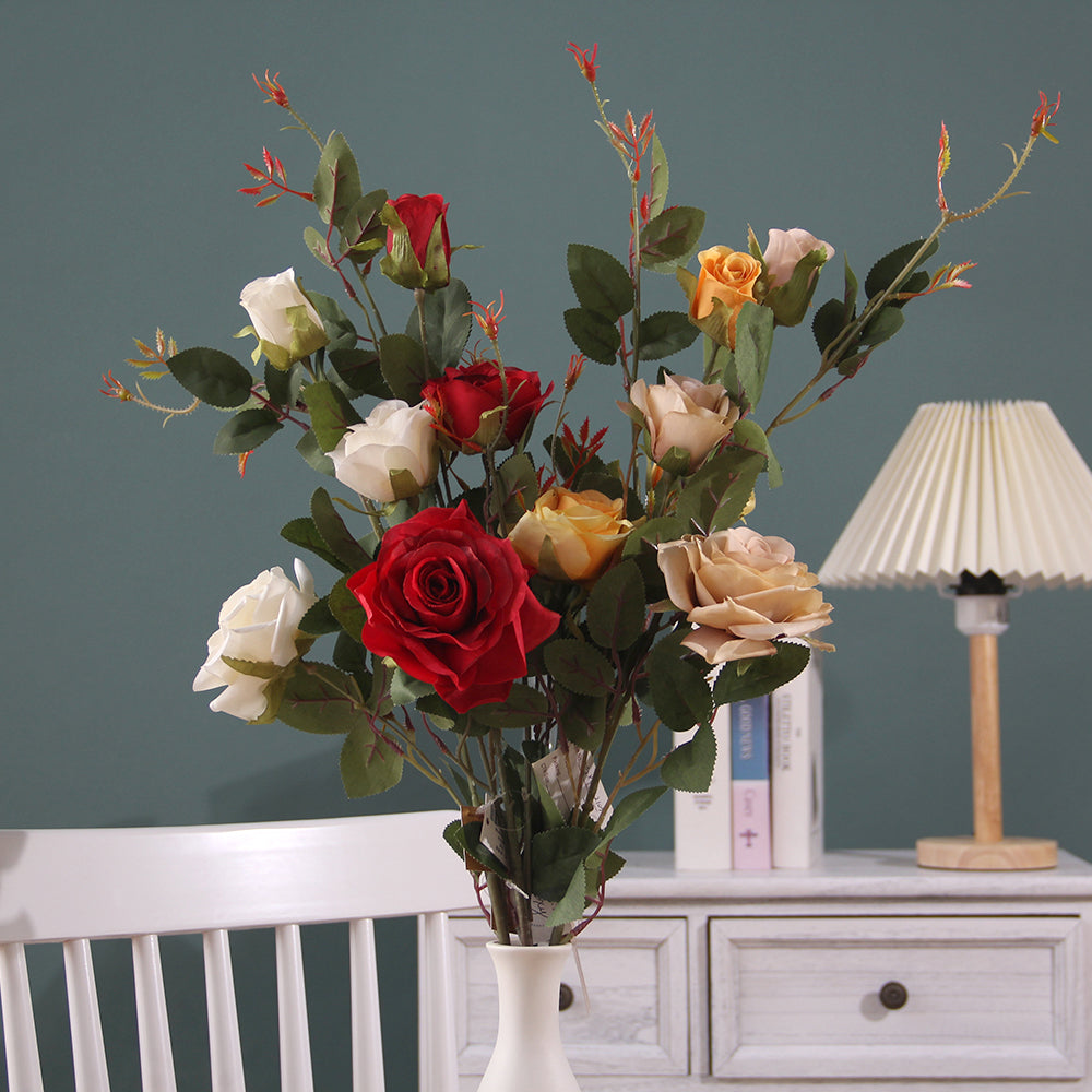 Artificial Rose Spray Flowers long Stem Red Color Silk Rose for Wedding Bouquet Table Centerpiece Home Decor