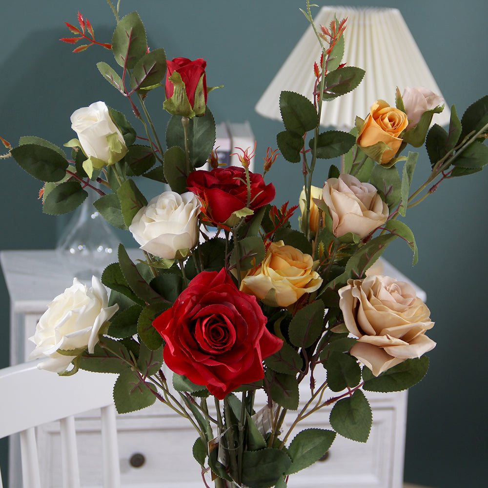 Artificial Rose Spray Flowers long Stem Red Color Silk Rose for Wedding Bouquet Table Centerpiece Home Decor