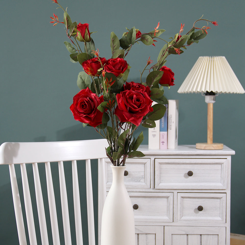Artificial Rose Spray Flowers long Stem Red Color Silk Rose for Wedding Bouquet Table Centerpiece Home Decor