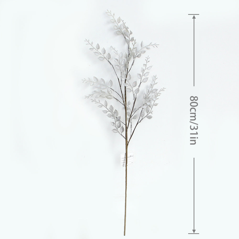 Christmas Glitter Leaves Picks Artificial Fern Leaves Branches Stem 3 Heads Long Painted Floral Leaves Pick Branches for Home Wedding Decoration