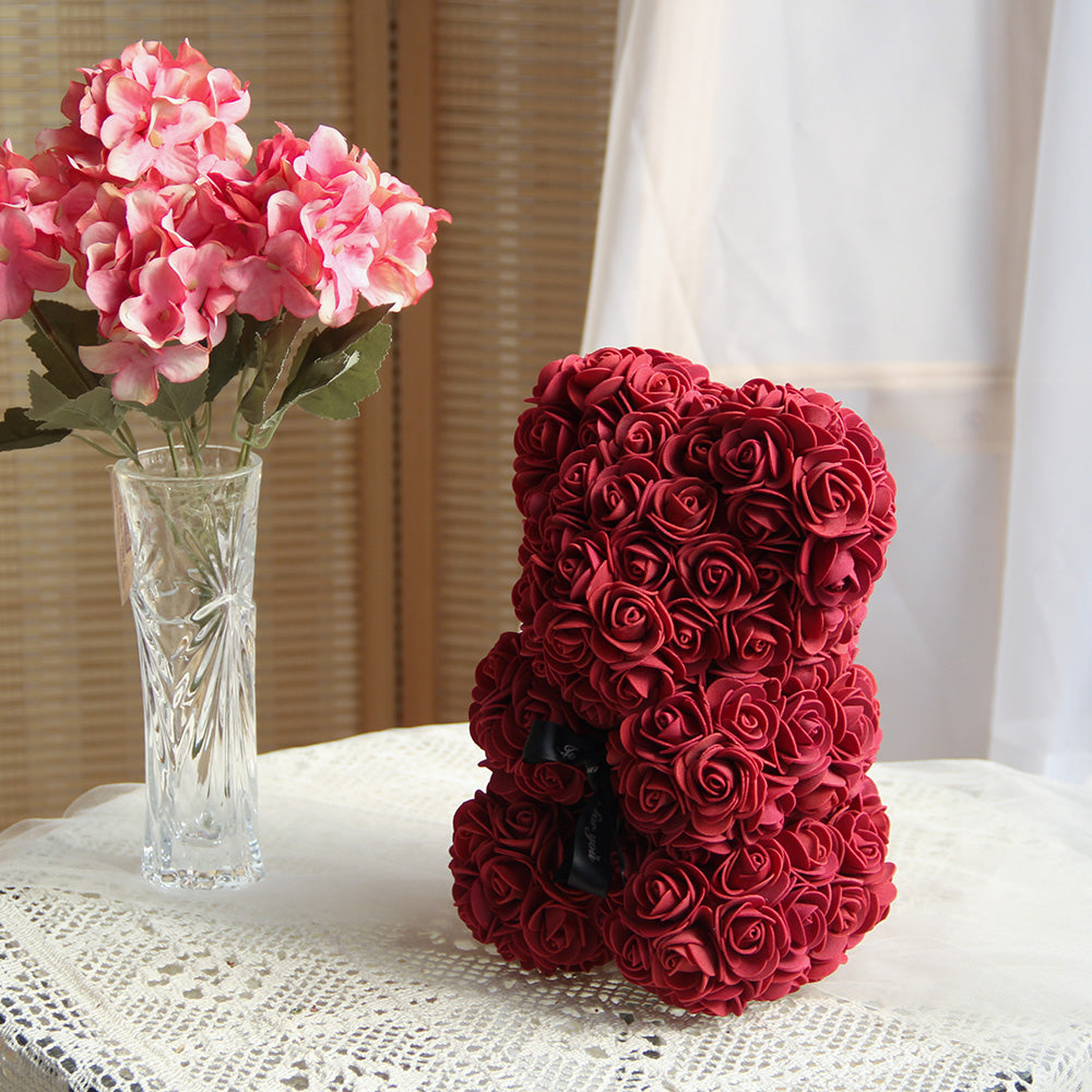 Classic 25cm Artificial Rose Bear High Quality Hand Made Rose Bears With Box Gift Valentine Teddy Bear for Party Home Decor.