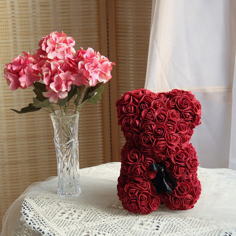 Classic 25cm Artificial Rose Bear High Quality Hand Made Rose Bears With Box Gift Valentine Teddy Bear for Party Home Decor.