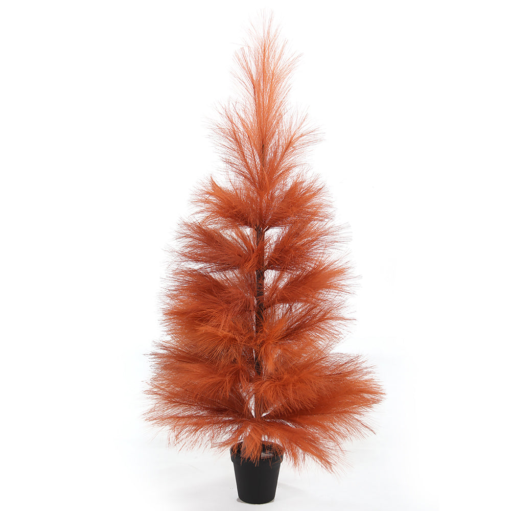 Distinctive Orange 3-ft Dense Artificial Pampas Tree With Round Wooden Bottom Pampas Grass Christmas Tree