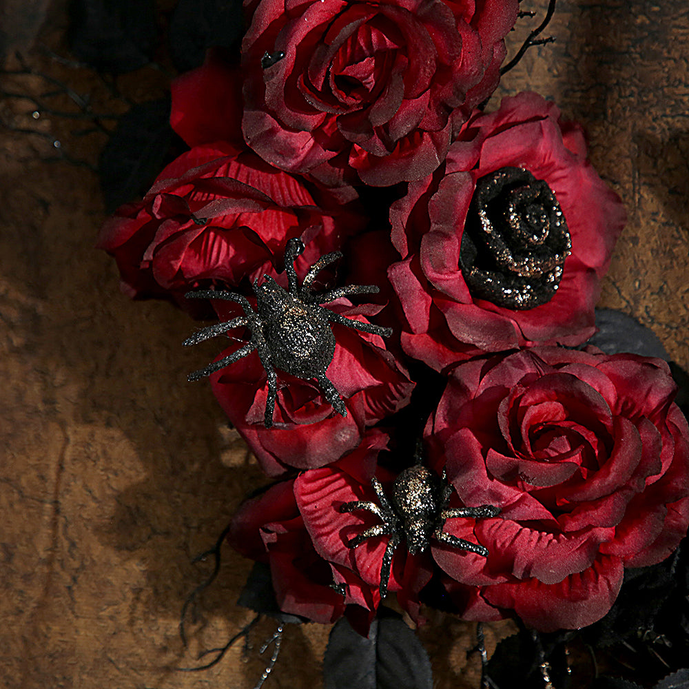 2024 Halloween Design Halloween Wreath Black Leaf With Roses Flowers Home Front Door Hanging Half Wreath For Halloween Decoration