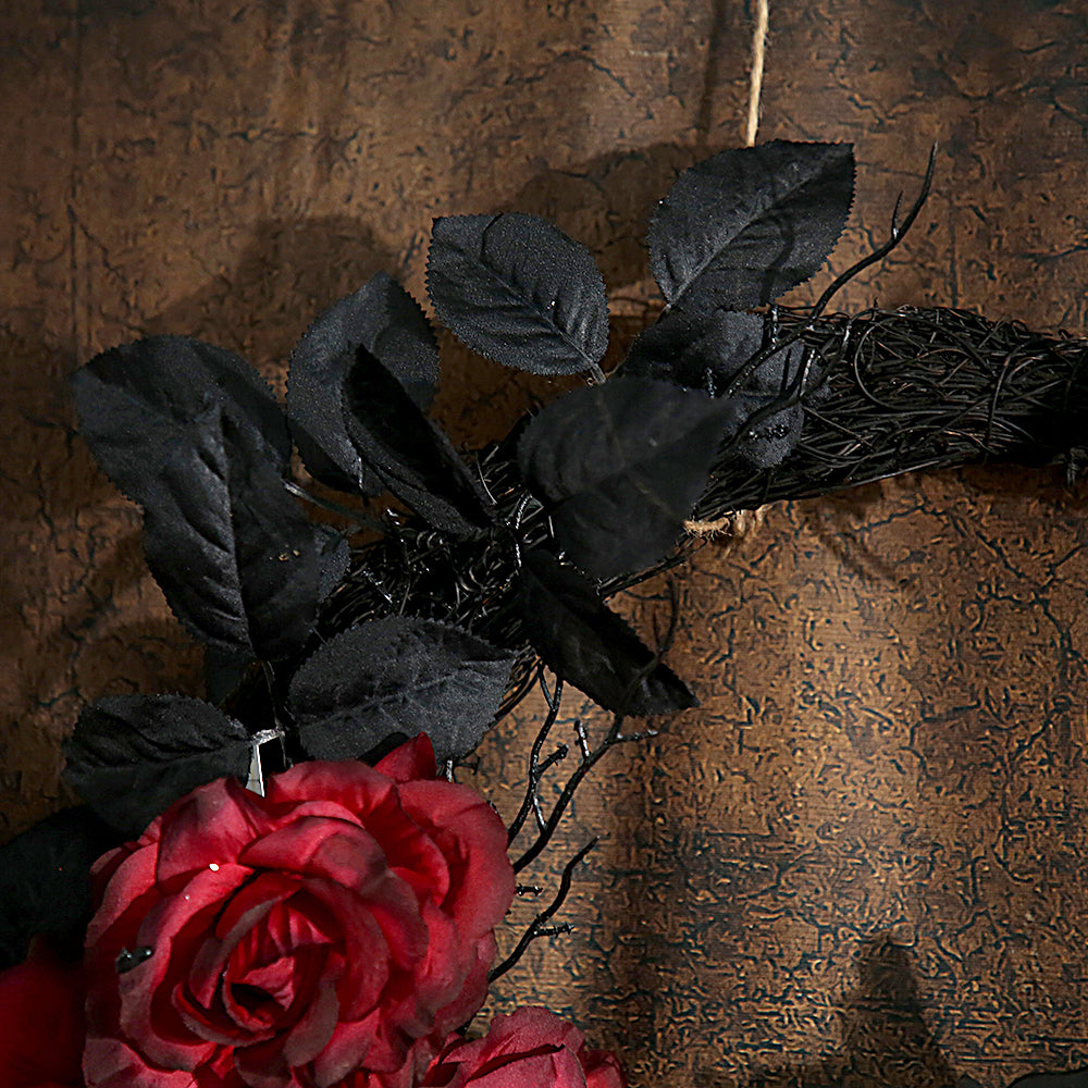 2024 Halloween Design Halloween Wreath Black Leaf With Roses Flowers Home Front Door Hanging Half Wreath For Halloween Decoration