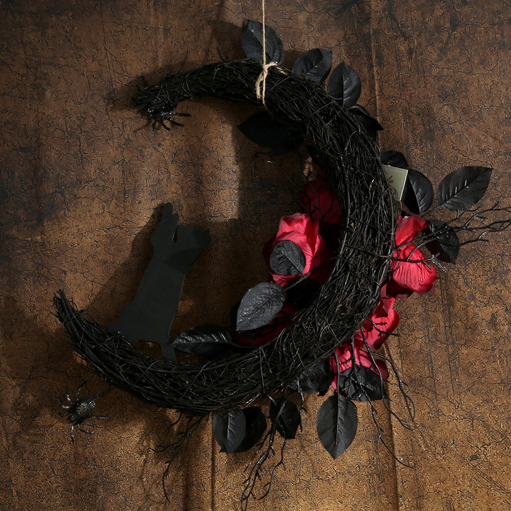 2024 Halloween Design Halloween Wreath Black Leaf With Roses Flowers Home Front Door Hanging Half Wreath For Halloween Decoration