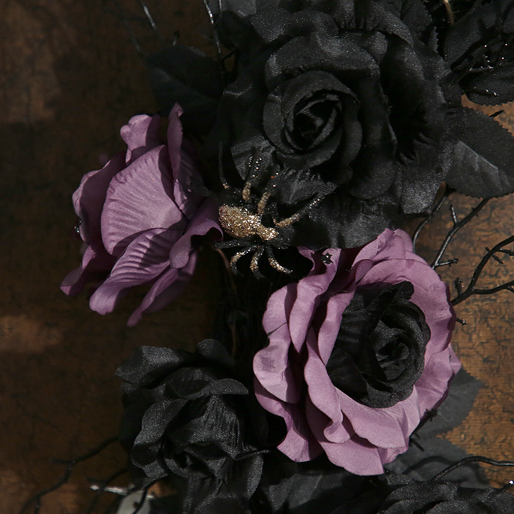 Carnival Ornament Halloween Deadblack Half Artificial Wreath with Faux Purple Roses Door Front Halloween Decoration