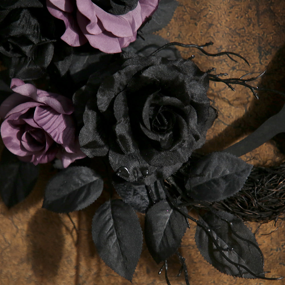Carnival Ornament Halloween Deadblack Half Artificial Wreath with Faux Purple Roses Door Front Halloween Decoration