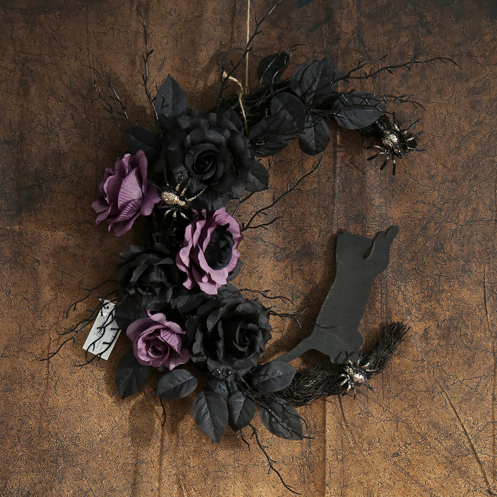 Carnival Ornament Halloween Deadblack Half Artificial Wreath with Faux Purple Roses Door Front Halloween Decoration
