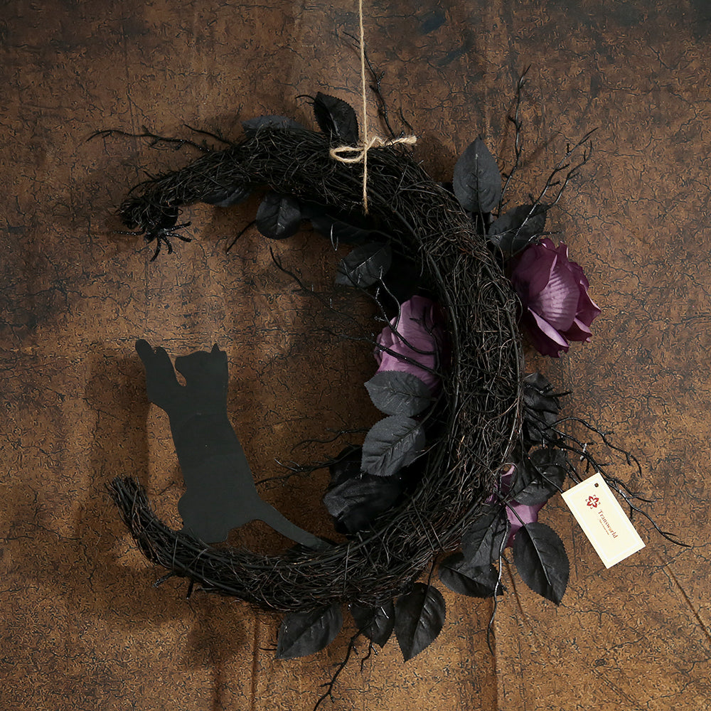 Carnival Ornament Halloween Deadblack Half Artificial Wreath with Faux Purple Roses Door Front Halloween Decoration