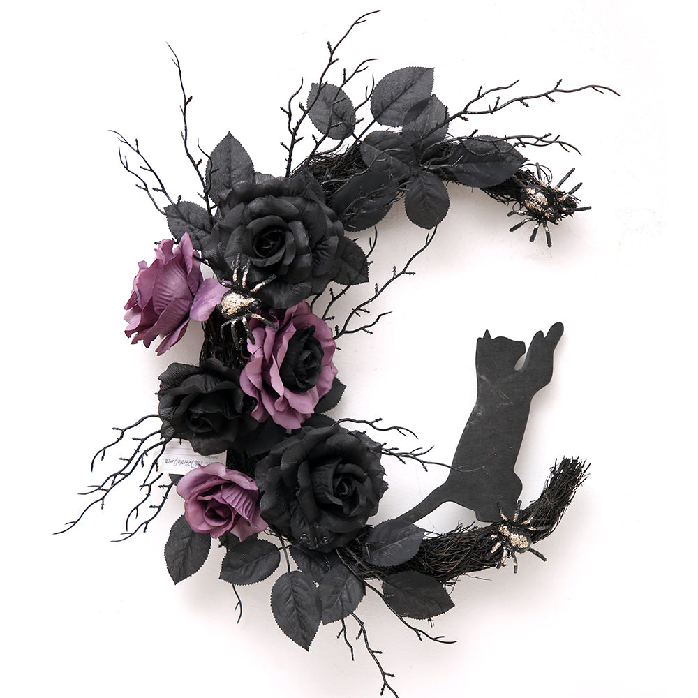 Carnival Ornament Halloween Deadblack Half Artificial Wreath with Faux Purple Roses Door Front Halloween Decoration