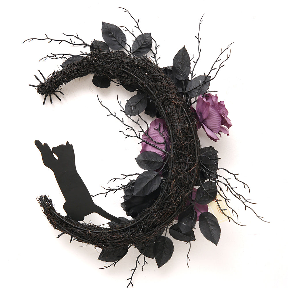 Carnival Ornament Halloween Deadblack Half Artificial Wreath with Faux Purple Roses Door Front Halloween Decoration