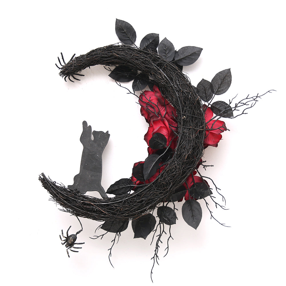 2024 Halloween Design Halloween Wreath Black Leaf With Roses Flowers Home Front Door Hanging Half Wreath For Halloween Decoration