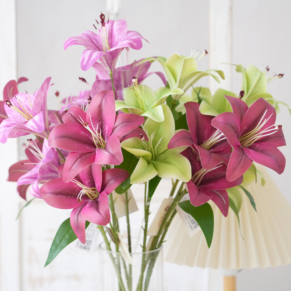 2025 China Lily Artificial Flower 3-Head Lily Silk Flower Long Branches Floral Arrangement for Wedding Party Home Decorations