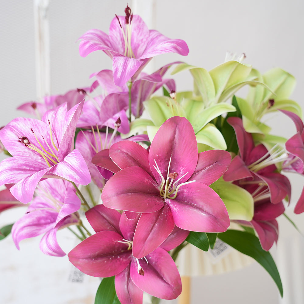 2025 China Lily Artificial Flower 3-Head Lily Silk Flower Long Branches Floral Arrangement for Wedding Party Home Decorations