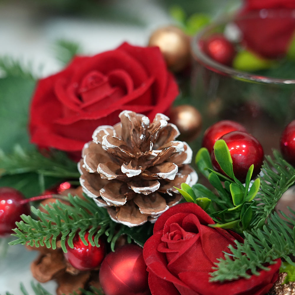 Original Design Christmas Decor Silk Rose Christmas Candle Ring Pine Cone Plant Candle Ring For Christmas Decoration Supplies