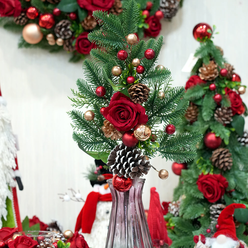 Wholesale Christmas Ornaments 70cm Christmas Decoration Pick Red Rose Pine Cone Artificial Branches For Christmas Decorations