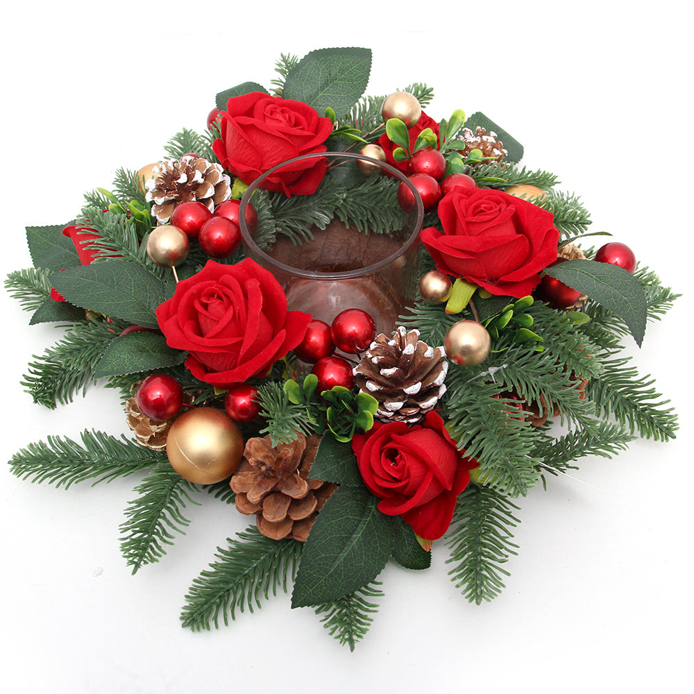 Original Design Christmas Decor Silk Rose Christmas Candle Ring Pine Cone Plant Candle Ring For Christmas Decoration Supplies