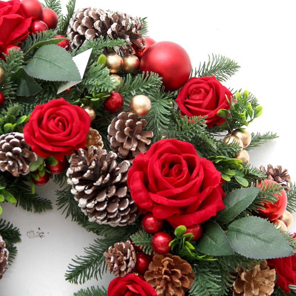Transworld Design Red Artificial Roses LED Light Christmas Wreath PineCone Decorative Flowers Wreaths and Plants Christmas Decor