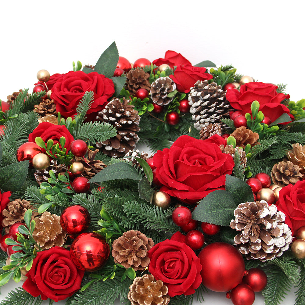 Transworld Design Red Artificial Roses LED Light Christmas Wreath PineCone Decorative Flowers Wreaths and Plants Christmas Decor