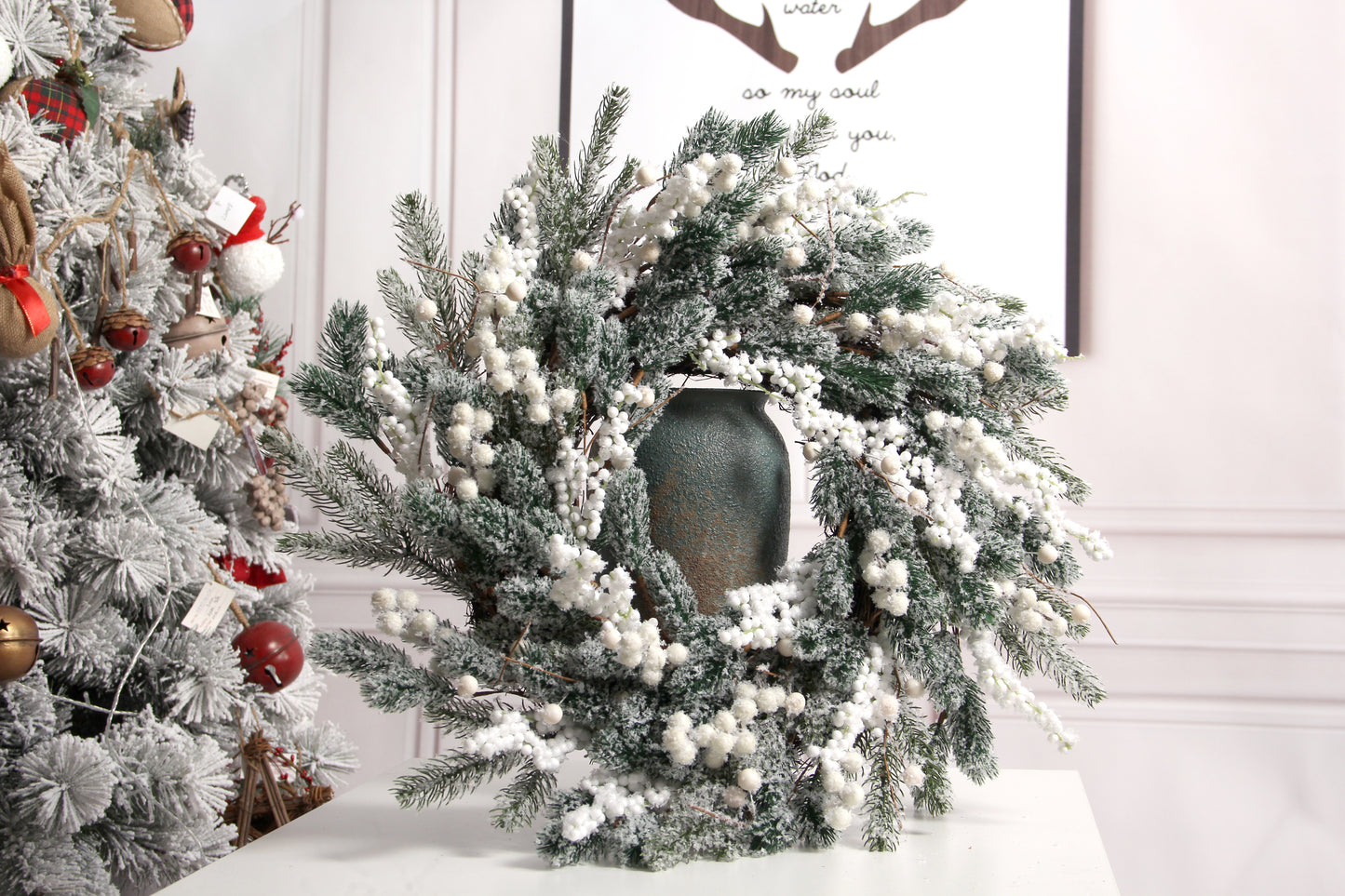 Artificial Christmas Wreath, 24" Grapevine Flocked Glitter Wreath with White Berries for Decoration