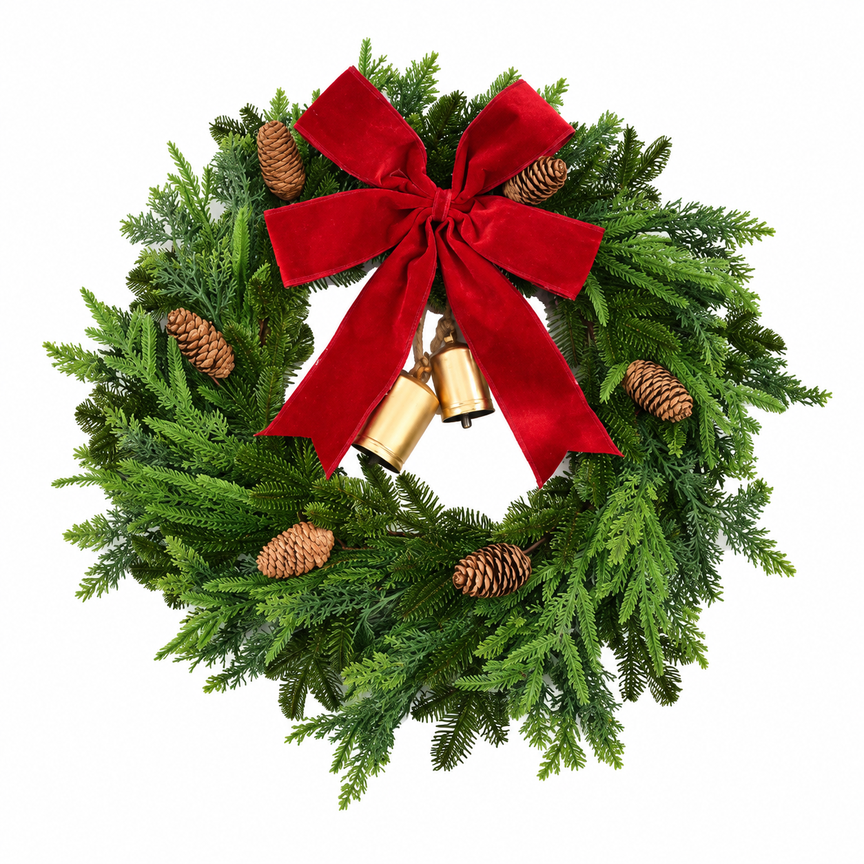 Artificial Christmas Pine Wreath with Bow, Bells and Pinecones for Door Decor