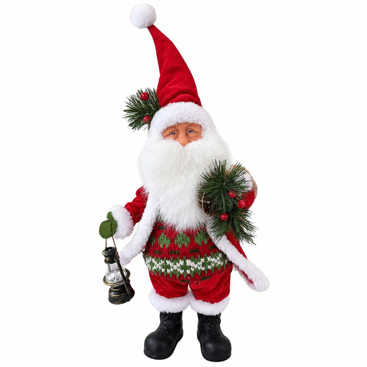 Standing Christmas Santa Figurine with Lantern and Pine Branch Decor