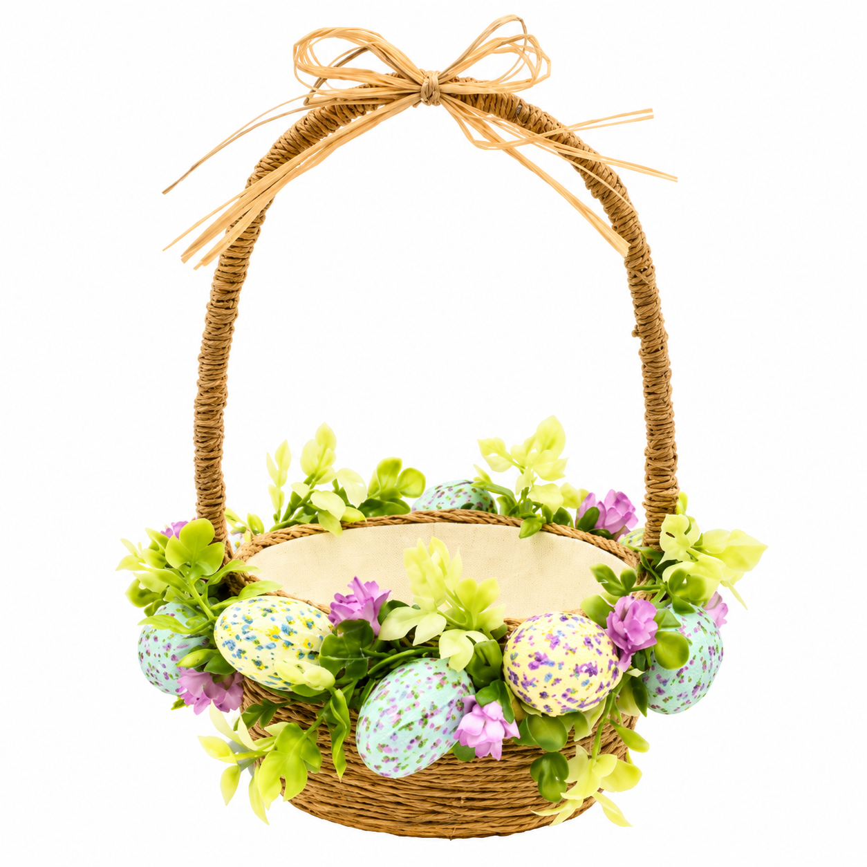 Decorative Easter Basket with Speckled Eggs and Artificial Flowers