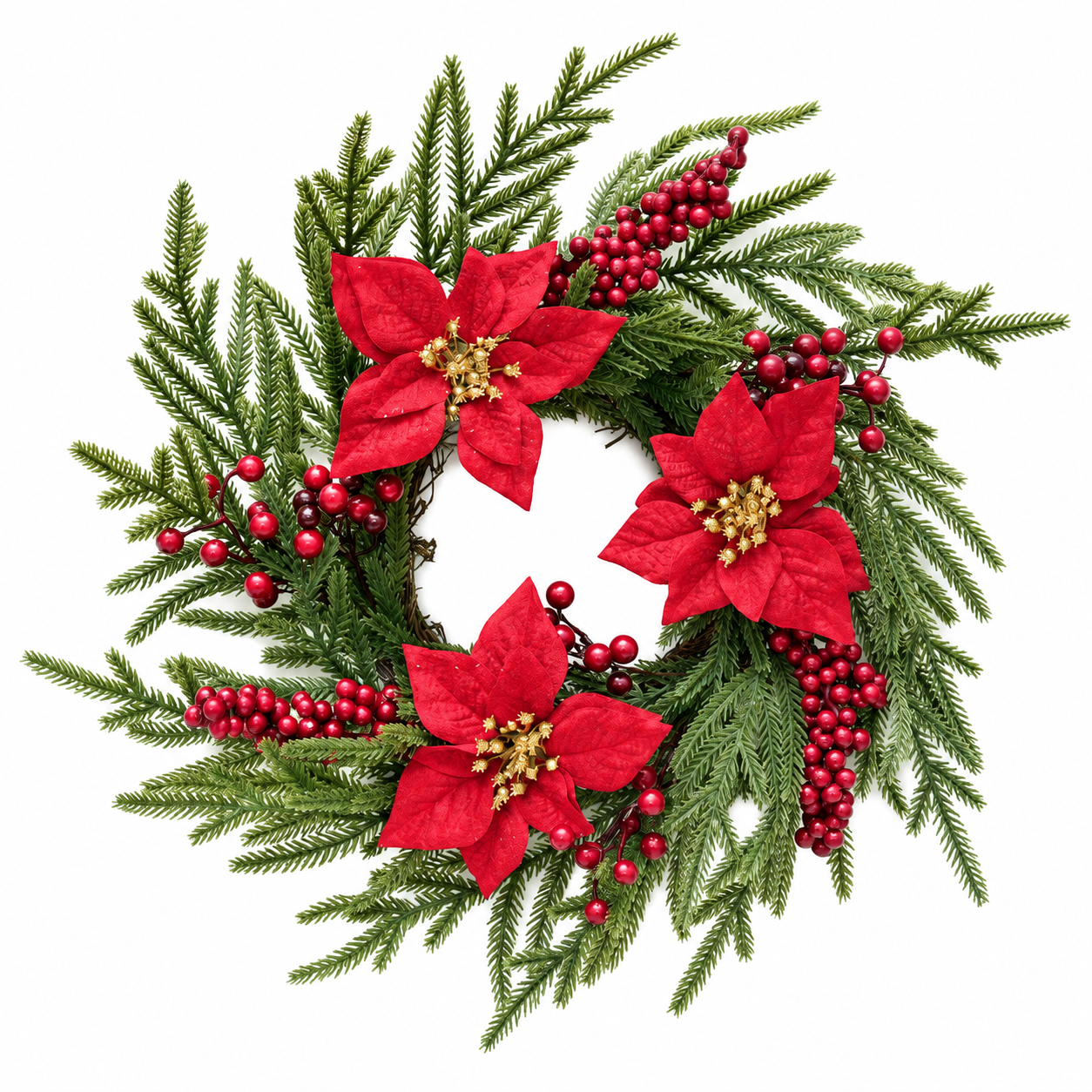 Artificial Christmas Wreath with Poinsettia and Berry Accents for Holiday Home Decoration